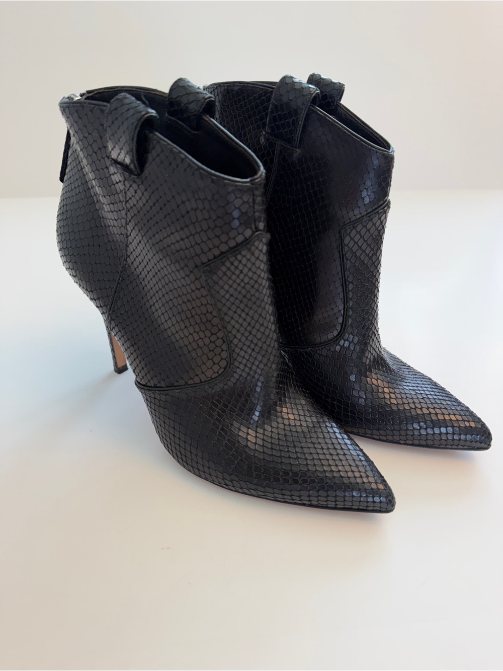 Veronica Beard Embossed Snake-Print Stiletto Booties, Size 38.5